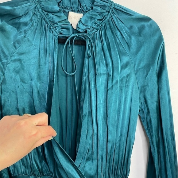 DIVINE heritage teal blue satin wrapped front ruffle mini dress - Picture 7 of 12